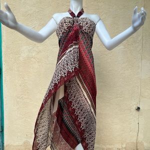 Boho Asymmetrical Dress with Tribal Print - Red/Bone/Black, Size L